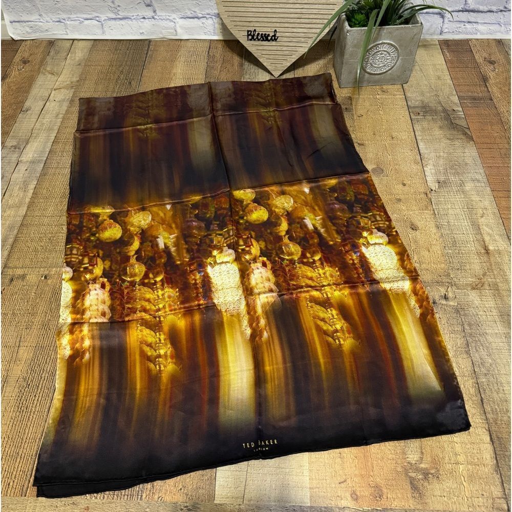 TED BAKER London Long 100% Silk Scarf Wrap Gold/black
